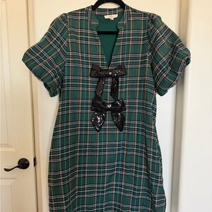 Entro Green Plaid Midi Dress with Black Sequin Bows